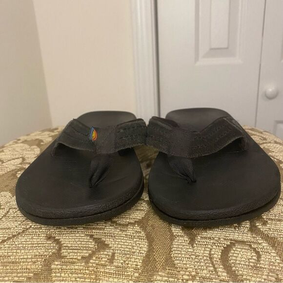 Rainbow Black Suede Wide Straps Flip Flop Sandals Size Mens 7 Womens 8.5 - Picture 1 of 7
